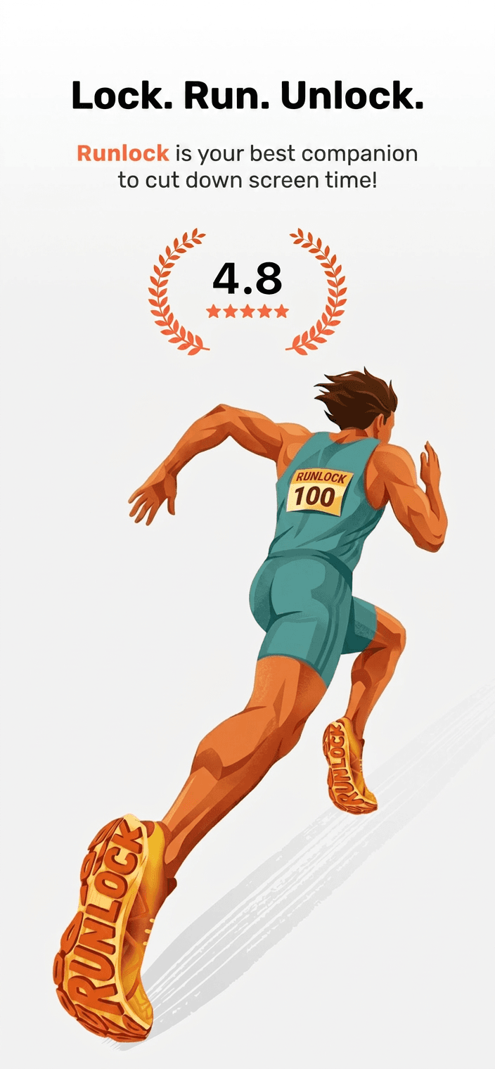 Runlock app — Lock. Run. Unlock. Hero screen showing runner illustration and 4.8 star rating